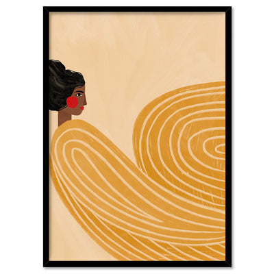 The Woman in the Yellow Stripes - Art Print by Bea Muller, Poster, Stretched Canvas, or Framed Wall Art Print, shown in a black frame