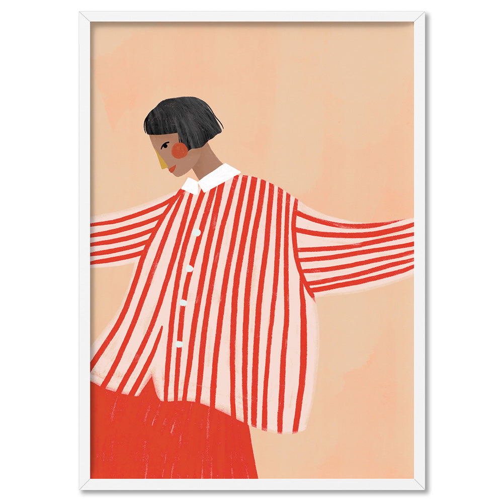 The Woman in the Red Stripe Shirt - Art Print by Bea Muller, Poster, Stretched Canvas, or Framed Wall Art Print, shown in a white frame
