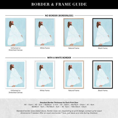 The Woman in the Blue Stripe Dress - Art Print by Bea Muller, Poster, Stretched Canvas or Framed Wall Art, Showing White , Black, Natural Frame Colours, No Frame (Unframed) or Stretched Canvas, and With or Without White Borders