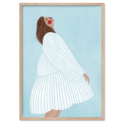 The Woman in the Blue Stripe Dress - Art Print by Bea Muller, Poster, Stretched Canvas, or Framed Wall Art Print, shown in a natural timber frame
