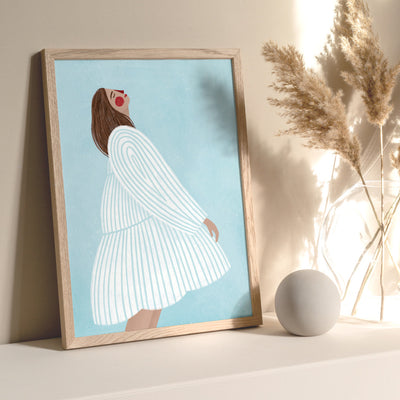 The Woman in the Blue Stripe Dress - Art Print by Bea Muller, Poster, Stretched Canvas or Framed Wall Art Prints, shown framed in a room