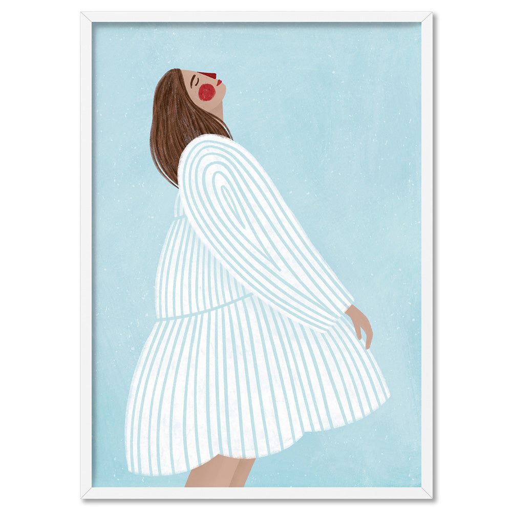The Woman in the Blue Stripe Dress - Art Print by Bea Muller, Poster, Stretched Canvas, or Framed Wall Art Print, shown in a white frame