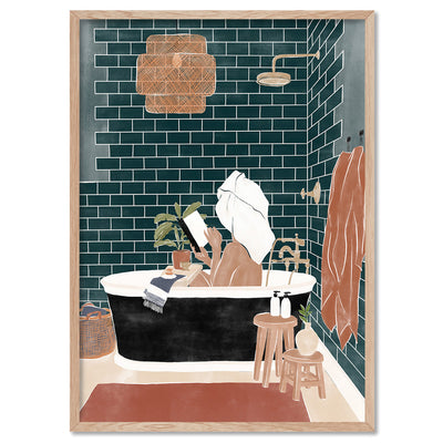 Bathroom Bliss - Art Print by Ivy Green Illustrations, Poster, Stretched Canvas, or Framed Wall Art Print, shown in a natural timber frame