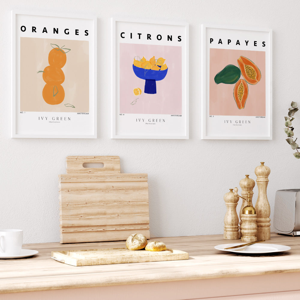 Oranges D'Art - Art Print by Ivy Green Illustrations, Poster, Stretched Canvas or Framed Wall Art, shown framed in a home interior space