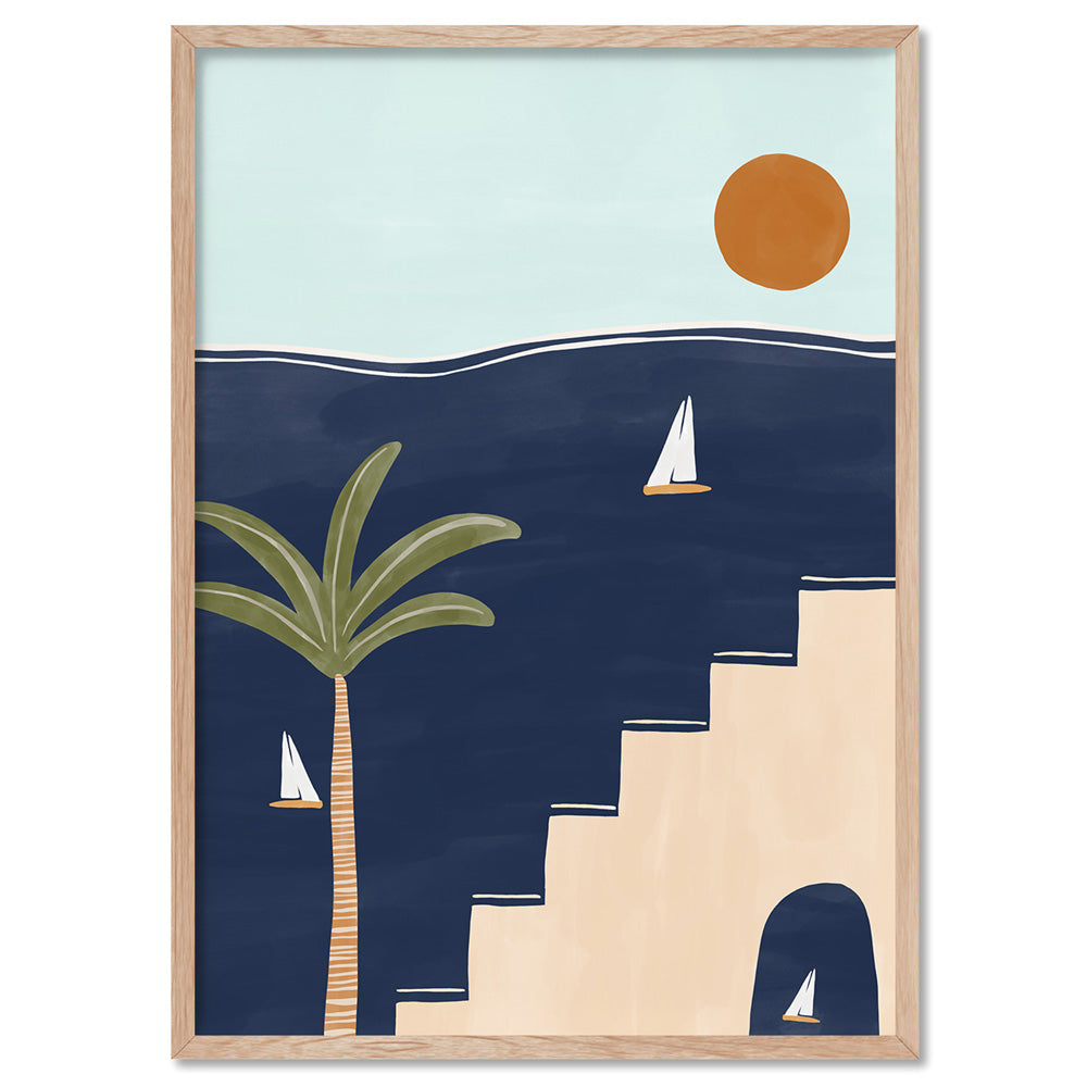 Sailboats in Serenity - Art Print by Ivy Green Illustrations, Poster, Stretched Canvas, or Framed Wall Art Print, shown in a natural timber frame