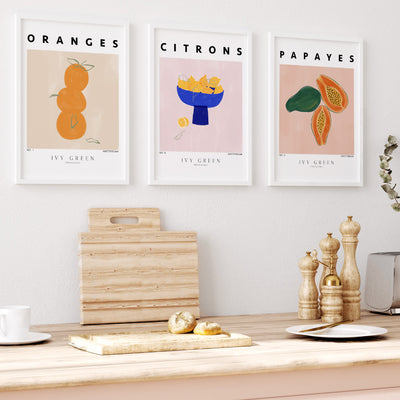 Citrons D'Art - Art Print by Ivy Green Illustrations, Poster, Stretched Canvas or Framed Wall Art, shown framed in a home interior space