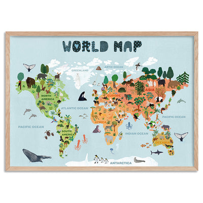 Kids Illustrated World Map - Art Print, Poster, Stretched Canvas, or Framed Wall Art Print, shown in a natural timber frame