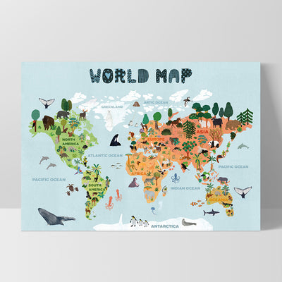 Kids Illustrated World Map - Art Print, Poster, Stretched Canvas, or Framed Wall Art Print, shown as a stretched canvas or poster without a frame