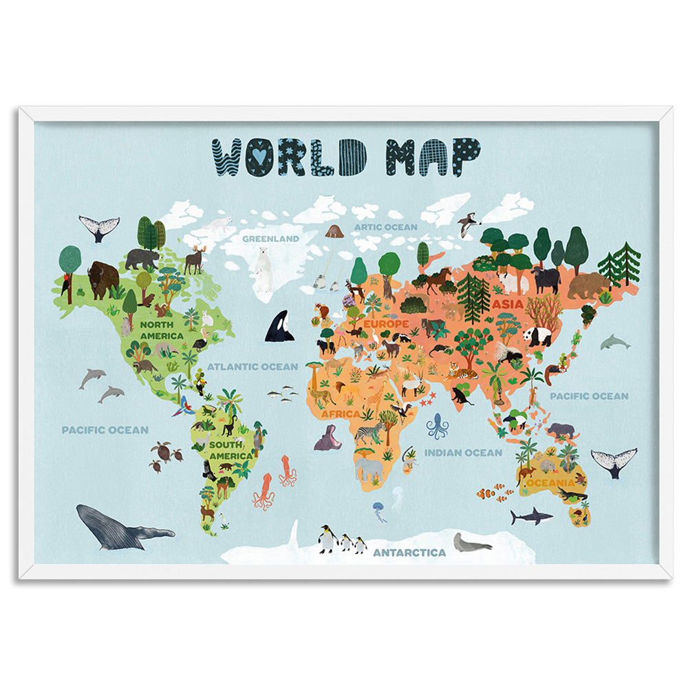 Kids Illustrated World Map - Art Print, Poster, Stretched Canvas, or Framed Wall Art Print, shown in a white frame