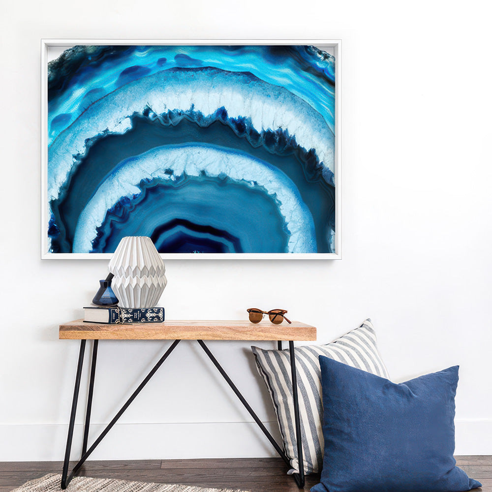 Agate Slice Geode Turquoise - Art Print, Poster, Stretched Canvas or Framed Wall Art Prints, shown framed in a room