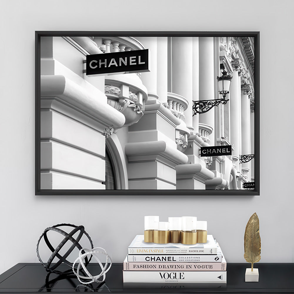 Designer Store Front Monaco Landscape - Art Print, Poster, Stretched Canvas or Framed Wall Art Prints, shown framed in a room