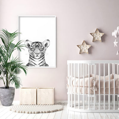 Tiger Baby Peek a Boo Animal - Art Print, Poster, Stretched Canvas or Framed Wall Art Prints, shown framed in a room