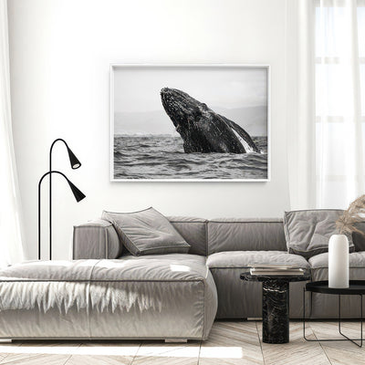 Humpback Whale Breach Landscape - Art Print, Poster, Stretched Canvas or Framed Wall Art, shown framed in a home interior space