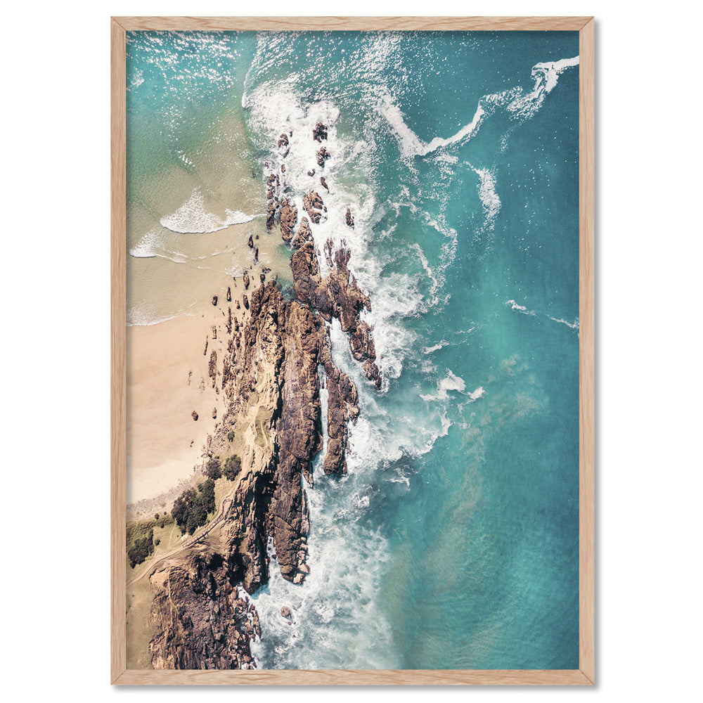Byron Bay Beach Aerial - Art Print by Beau Micheli, Poster, Stretched Canvas, or Framed Wall Art Print, shown in a natural timber frame