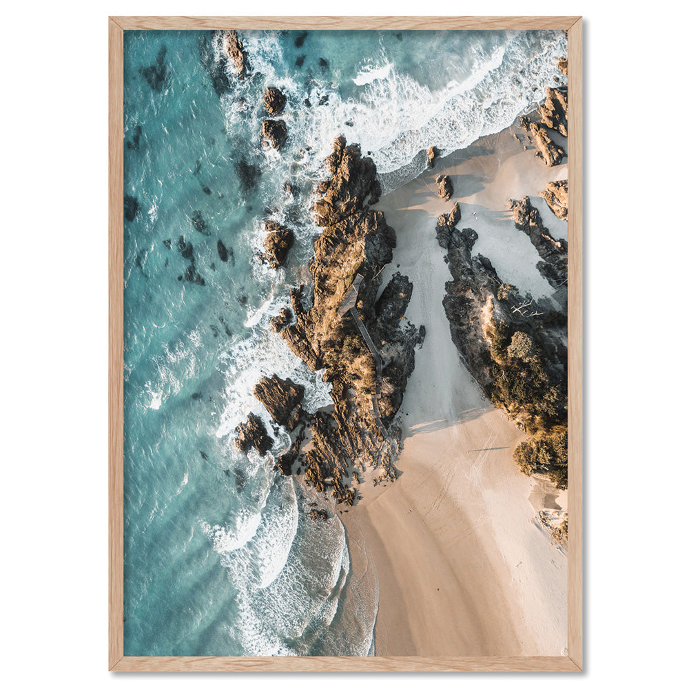 The Pass Byron Bay Aerial III - Art Print by Beau Micheli, Poster, Stretched Canvas, or Framed Wall Art Print, shown in a natural timber frame