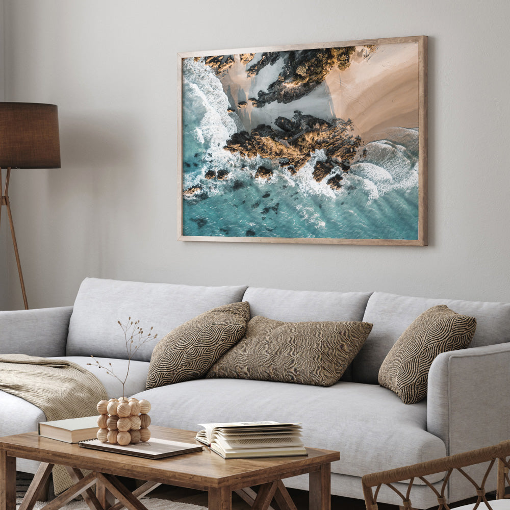 The Pass Byron Bay Aerial III - Art Print by Beau Micheli, Poster, Stretched Canvas or Framed Wall Art Prints, shown framed in a room