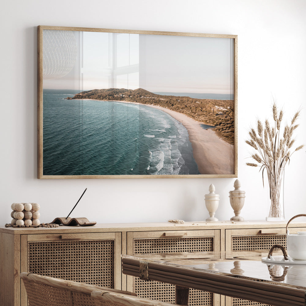 The Pass Byron Bay Aerial IV - Art Print by Beau Micheli, Poster, Stretched Canvas or Framed Wall Art Prints, shown framed in a room
