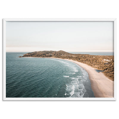 The Pass Byron Bay Aerial IV - Art Print by Beau Micheli, Poster, Stretched Canvas, or Framed Wall Art Print, shown in a white frame