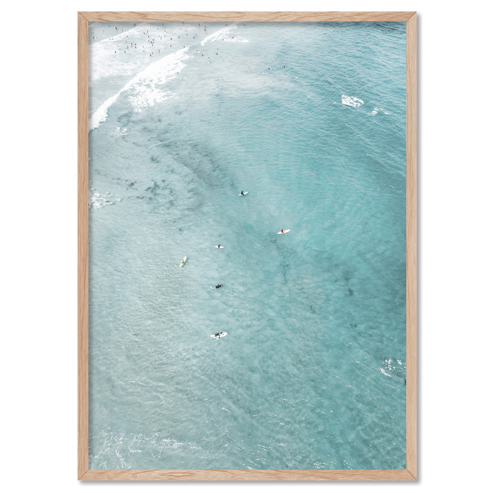 Phillip Island Surfers Aerial - Art Print by Beau Micheli, Poster, Stretched Canvas, or Framed Wall Art Print, shown in a natural timber frame