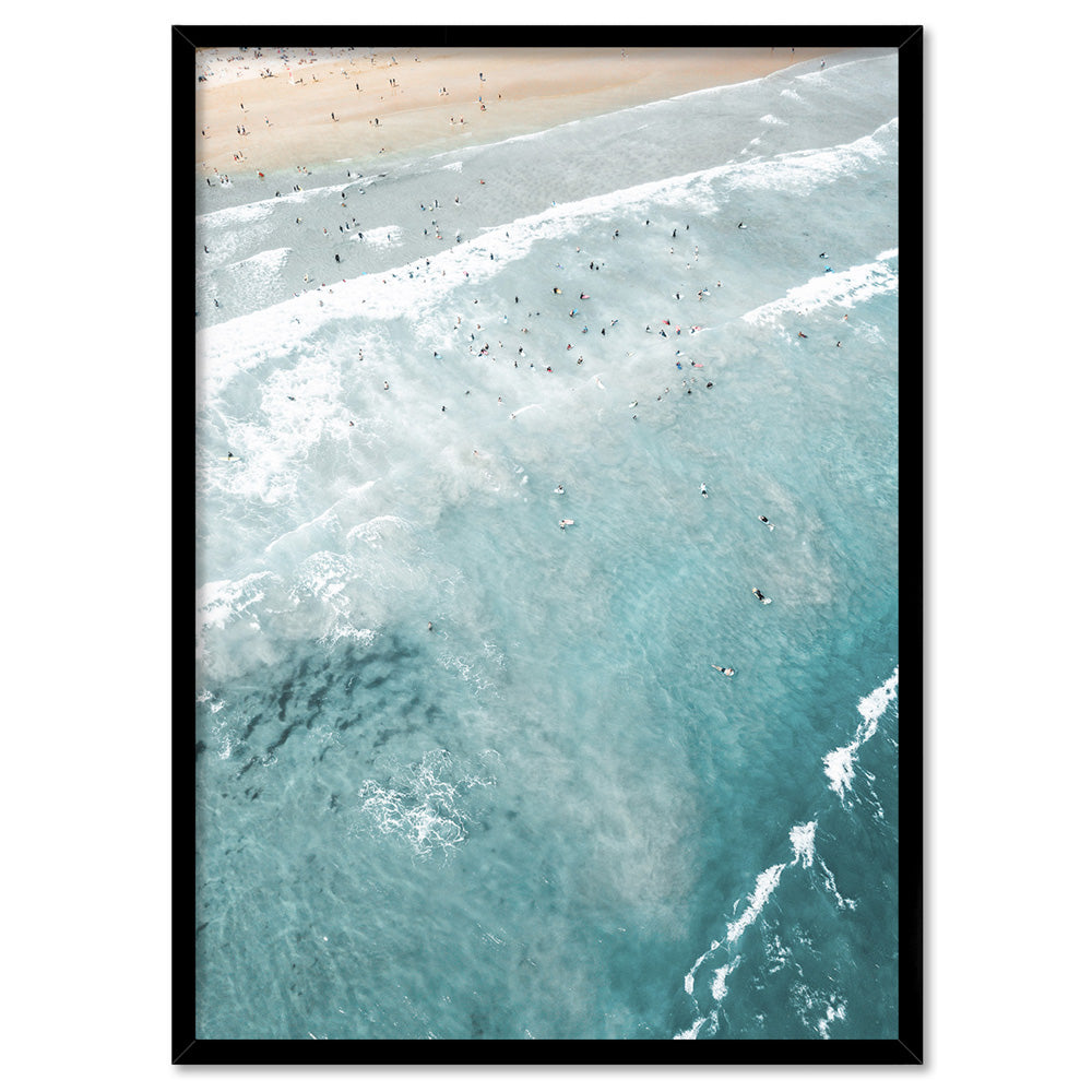 Phillip Island Surfers Aerial II - Art Print by Beau Micheli, Poster, Stretched Canvas, or Framed Wall Art Print, shown in a black frame