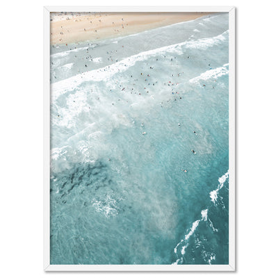 Phillip Island Surfers Aerial II - Art Print by Beau Micheli, Poster, Stretched Canvas, or Framed Wall Art Print, shown in a white frame