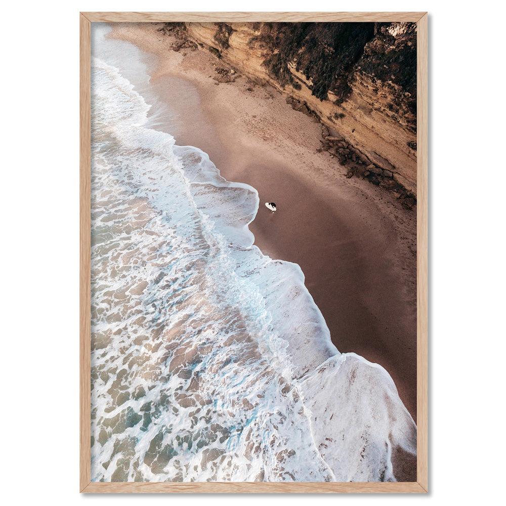 Jan Juc Beach VIC Aerial IV - Art Print by Beau Micheli, Poster, Stretched Canvas, or Framed Wall Art Print, shown in a natural timber frame