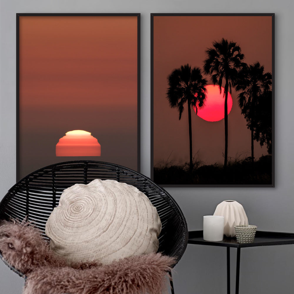 Sunset Over Ocean - Art Print by Beau Micheli, Poster, Stretched Canvas or Framed Wall Art, shown framed in a home interior space