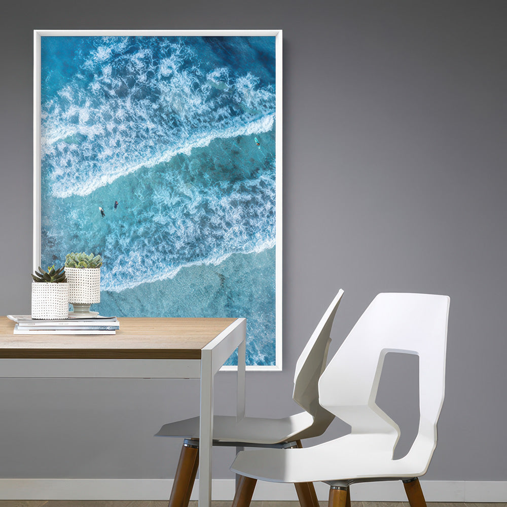 Aerial Ocean Waves & Tiny Surfers III - Art Print, Poster, Stretched Canvas or Framed Wall Art Prints, shown framed in a room