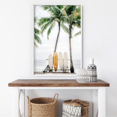 Hawaii Surfboards & Palms II - Art Print, Poster, Stretched Canvas or Framed Wall Art Prints, shown framed in a room