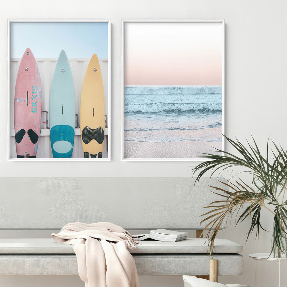 Pastel Surfboard Beach Showers - Art Print, Poster, Stretched Canvas or Framed Wall Art, shown framed in a home interior space