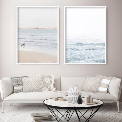 Sandy Beach, Surfer & Ocean Waves in Pastels - Art Print, Poster, Stretched Canvas or Framed Wall Art, shown framed in a home interior space