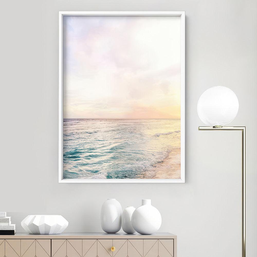 Pastel Bohemian Ocean Views - Art Print, Poster, Stretched Canvas or Framed Wall Art Prints, shown framed in a room