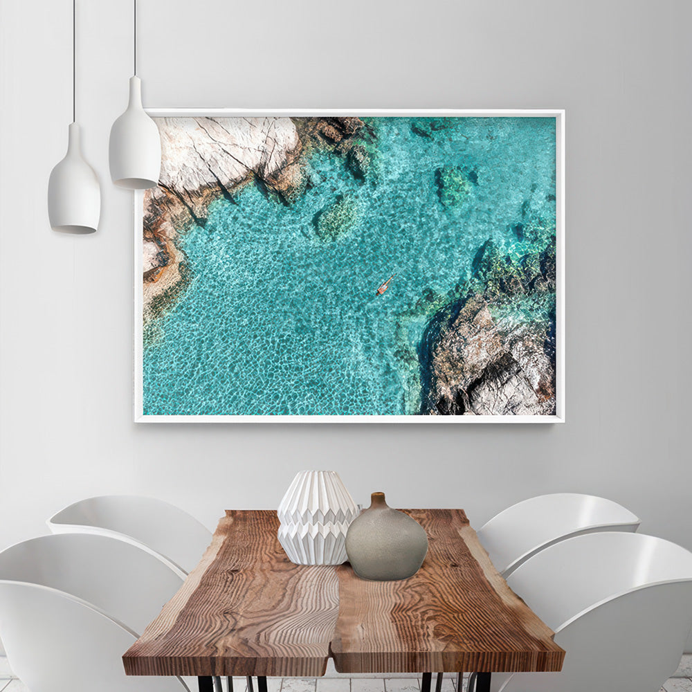 Turquoise Holiday Swim - Art Print, Poster, Stretched Canvas or Framed Wall Art Prints, shown framed in a room