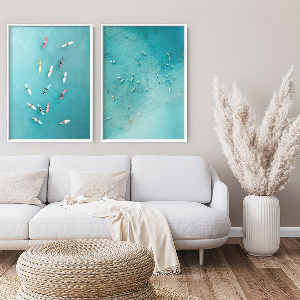 Aerial Ocean Surfers I - Art Print, Poster, Stretched Canvas or Framed Wall Art, shown framed in a home interior space