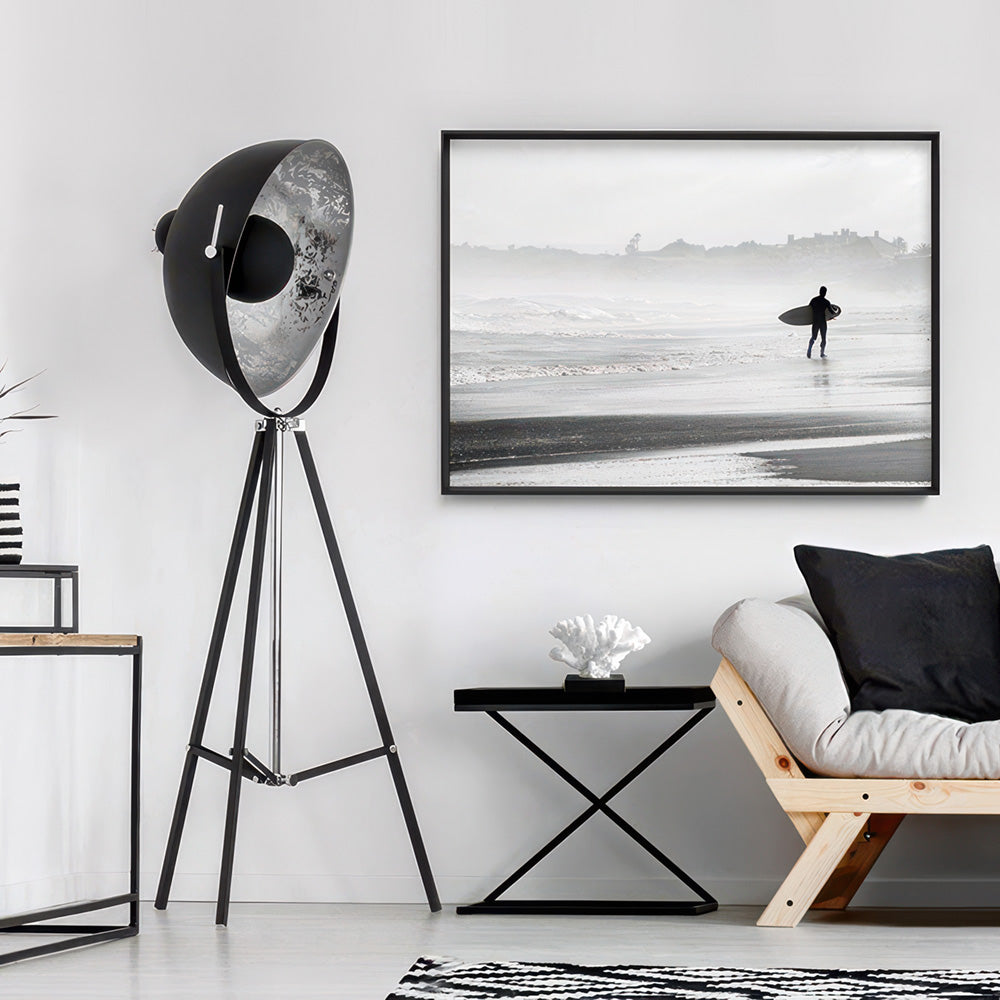 Lone Ocean Surfer B&W I - Art Print, Poster, Stretched Canvas or Framed Wall Art Prints, shown framed in a room