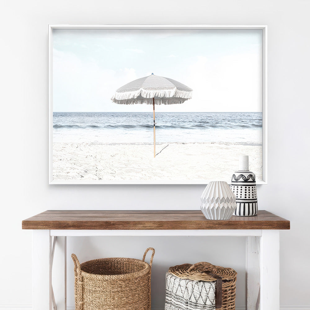 Parasol Beach View - Art Print, Poster, Stretched Canvas or Framed Wall Art Prints, shown framed in a room