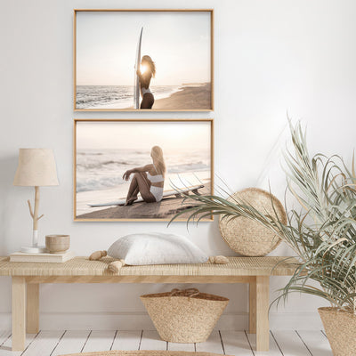 Seaside Surfer Landscape - Art Print, Poster, Stretched Canvas or Framed Wall Art, shown framed in a home interior space