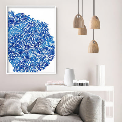 Coral Sea Fan Blue Vertical - Art Print, Poster, Stretched Canvas or Framed Wall Art Prints, shown framed in a room