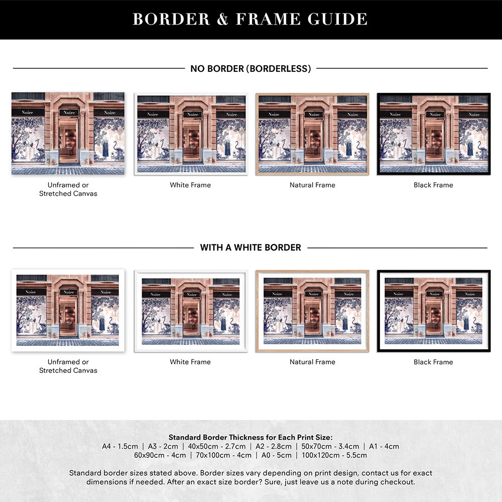 Niore Store in Blush & Blue - Art Print, Poster, Stretched Canvas or Framed Wall Art, Showing White , Black, Natural Frame Colours, No Frame (Unframed) or Stretched Canvas, and With or Without White Borders