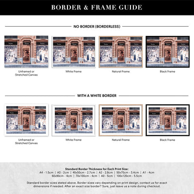 Niore Store in Blush & Blue - Art Print, Poster, Stretched Canvas or Framed Wall Art, Showing White , Black, Natural Frame Colours, No Frame (Unframed) or Stretched Canvas, and With or Without White Borders