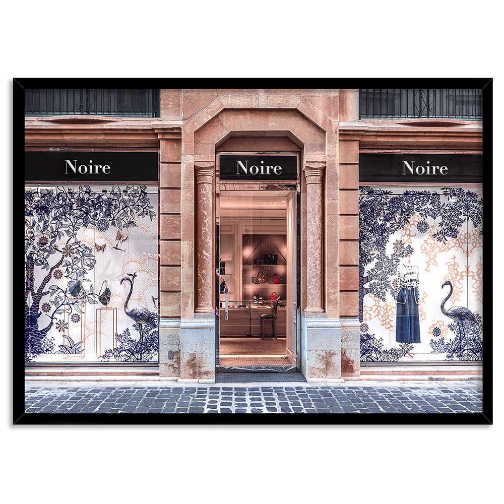 Niore Store in Blush & Blue - Art Print, Poster, Stretched Canvas, or Framed Wall Art Print, shown in a black frame