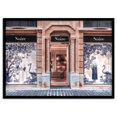 Niore Store in Blush & Blue - Art Print, Poster, Stretched Canvas, or Framed Wall Art Print, shown in a black frame