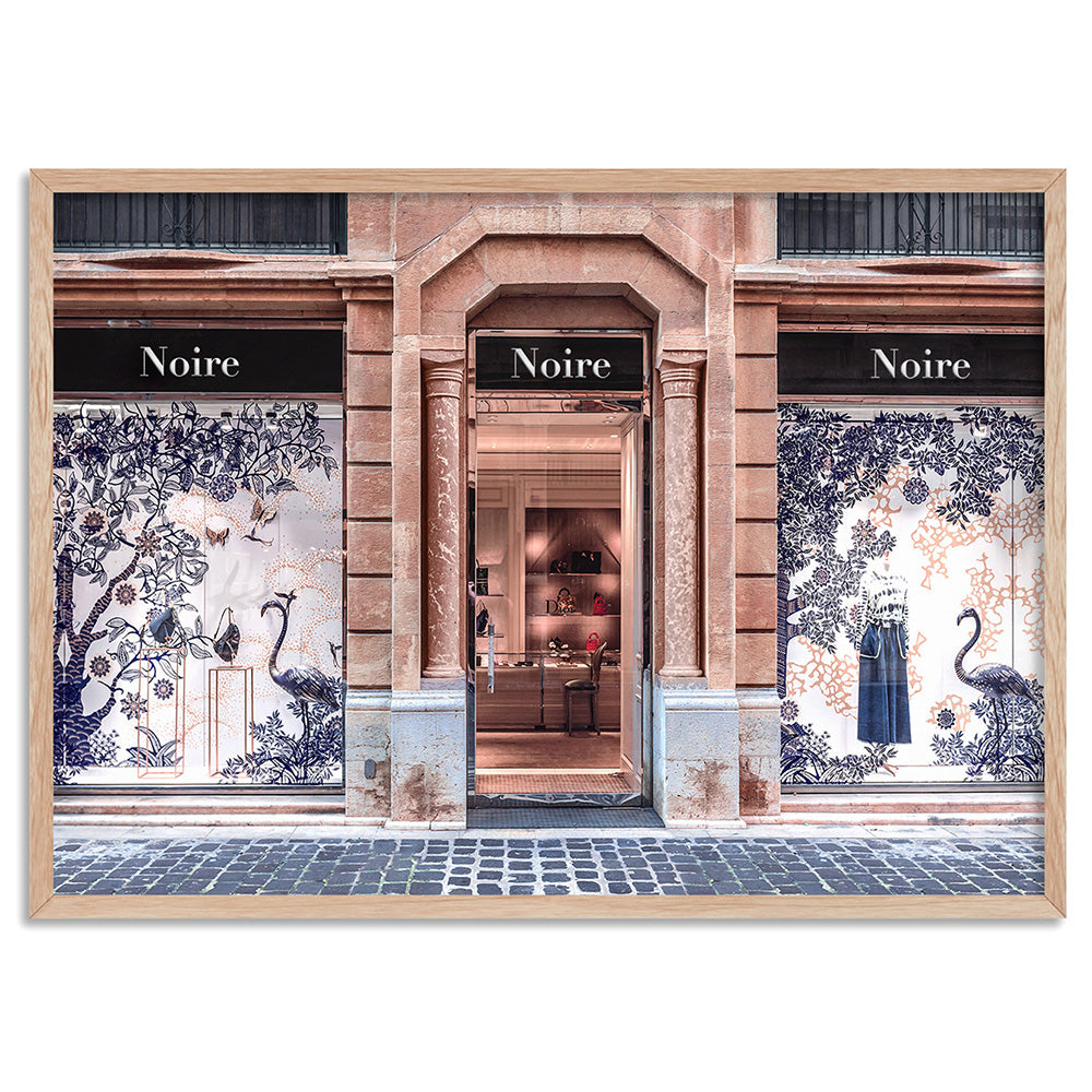 Niore Store in Blush & Blue - Art Print, Poster, Stretched Canvas, or Framed Wall Art Print, shown in a natural timber frame