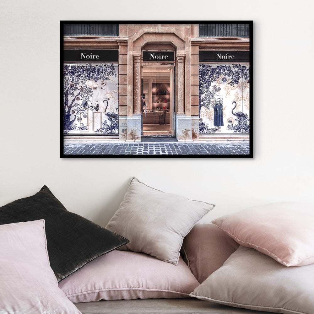 Niore Store in Blush & Blue - Art Print, Poster, Stretched Canvas or Framed Wall Art Prints, shown framed in a room