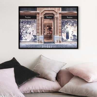 Niore Store in Blush & Blue - Art Print, Poster, Stretched Canvas or Framed Wall Art Prints, shown framed in a room