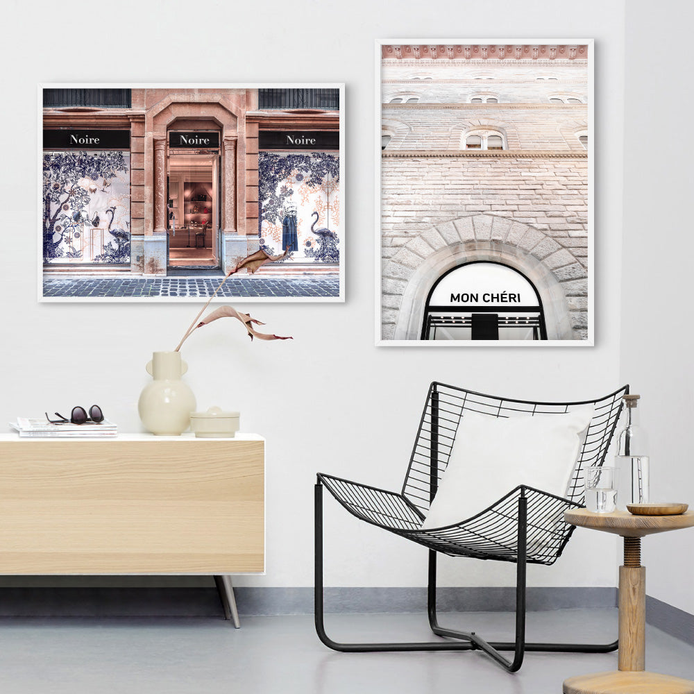 Niore Store in Blush & Blue - Art Print, Poster, Stretched Canvas or Framed Wall Art, shown framed in a home interior space