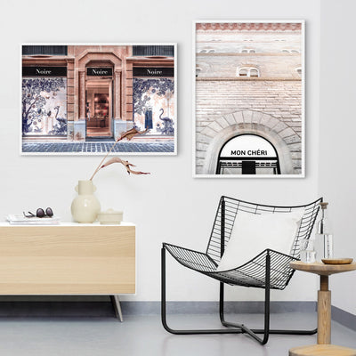 Niore Store in Blush & Blue - Art Print, Poster, Stretched Canvas or Framed Wall Art, shown framed in a home interior space