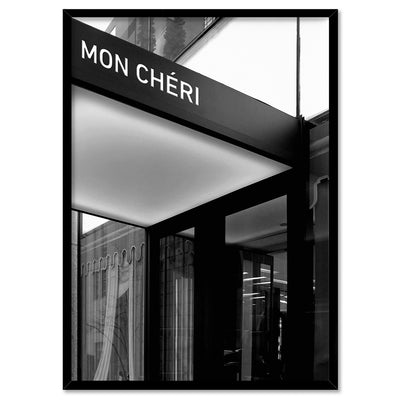 Mon Cheri Entrance B&W - Art Print, Poster, Stretched Canvas, or Framed Wall Art Print, shown in a black frame