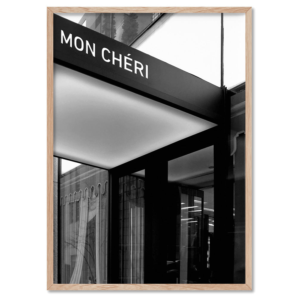 Mon Cheri Entrance B&W - Art Print, Poster, Stretched Canvas, or Framed Wall Art Print, shown in a natural timber frame