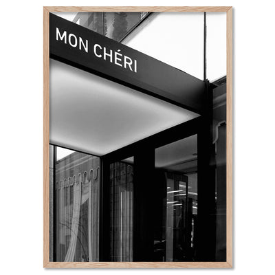 Mon Cheri Entrance B&W - Art Print, Poster, Stretched Canvas, or Framed Wall Art Print, shown in a natural timber frame